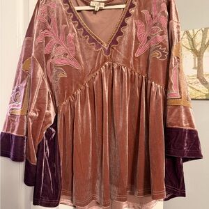 Easel Pink and Purple Velvet Blouse with Embroidery